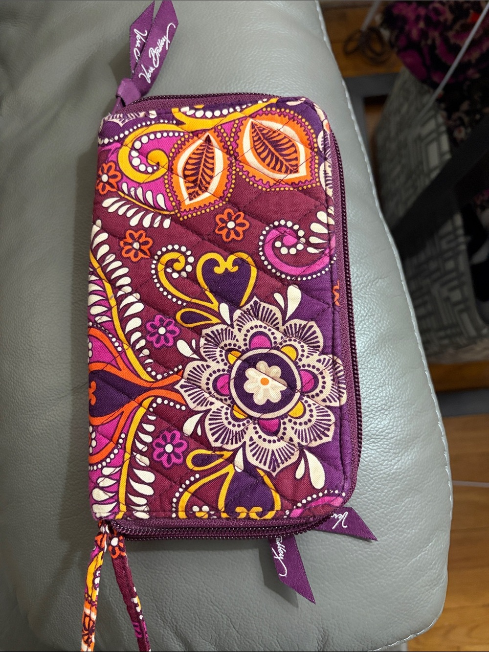 Vera Bradley Plum Paisley Quilted Zip Wallet with Pink & Orange Accents